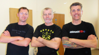 Coach Steve Purcell (Somerset Applied Wing Chun) Head Coach Sifu David Peterson (Malaysian Combat Science), Andras Millward (Combat Science 101/ ABMVT Bristol) in the picture